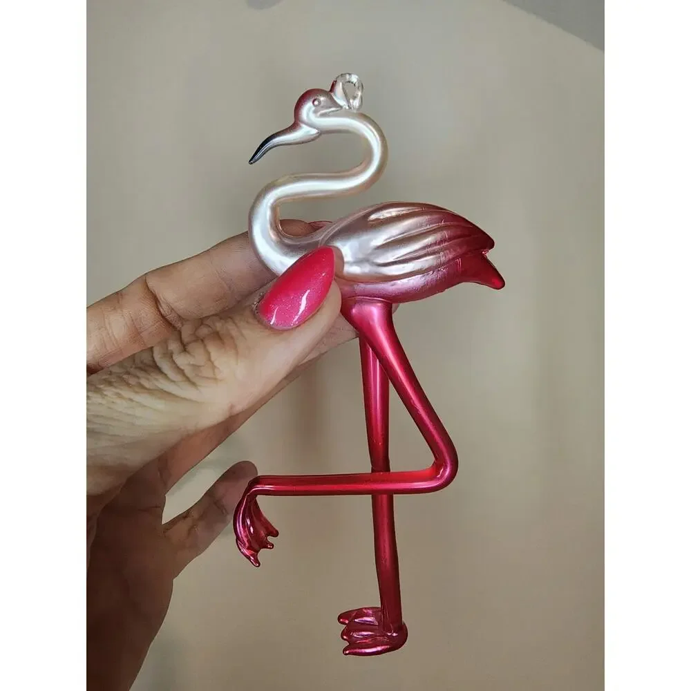 Pink Flamingo Glass Christmas Ornament Iridescent Pearlized Blown Bird Decor